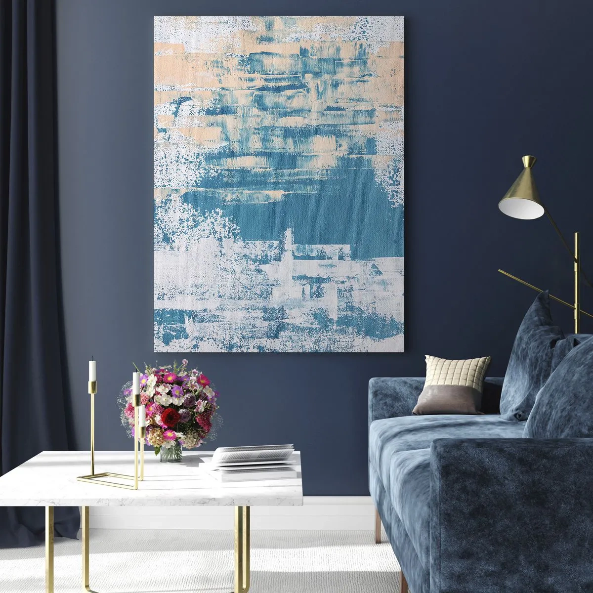 Obraz na szkle - Abstrakcyjna kompozycja w odcieniach błękitu i bieli - 80x120cm - Przez lodowy sopel - Nowoczesna dekoracja ścienna do salonu i sypialni ARTTOR