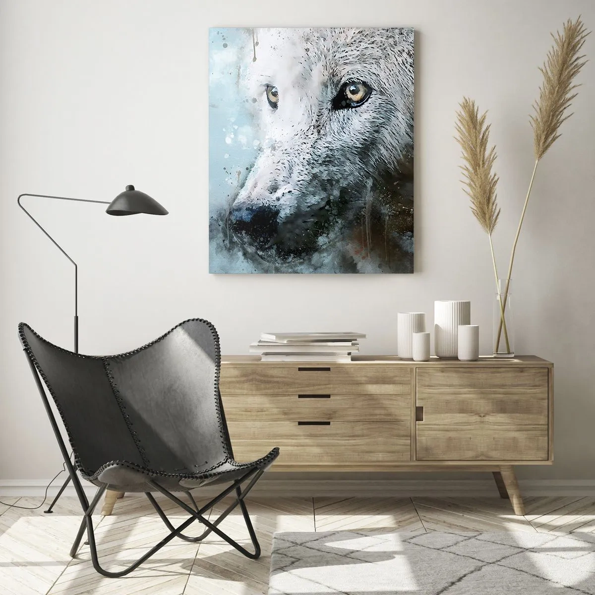 Obraz na szkle - Portret wilka z artystycznymi, rozmytymi akcentami w odcieniach niebieskiego - 50x70cm - Poznaj wilczą duszę - Nowoczesna dekoracja ścienna do salonu, kuchni i sypialni ARTTOR