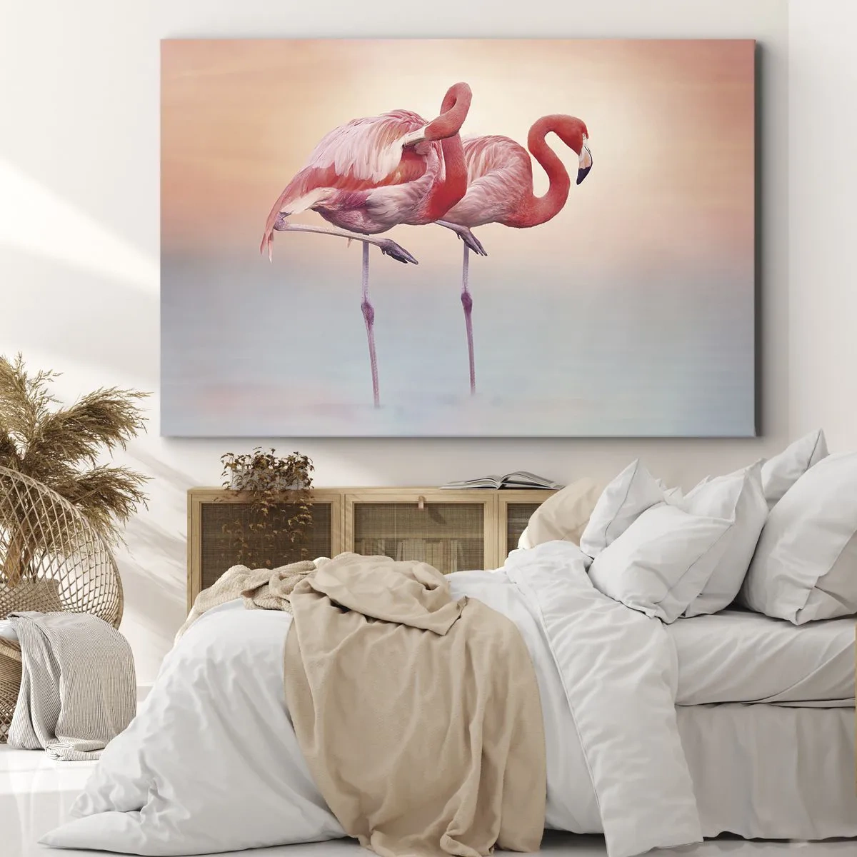 Obraz na płótnie - Flamingi w delikatnych pastelowych barwach na wodnym tle - 70x50cm - W kolorze zachodzącego słońca - Nowoczesna dekoracja ścienna do salonu i sypialni ARTTOR