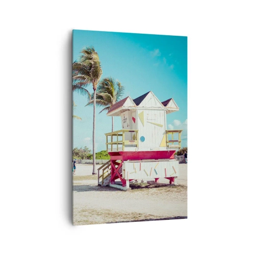 Obraz na płótnie - Plaża z palmami i wieżą ratowniczą w tle - 80x120cm - Przed tobą piękny dzień - Nowoczesna dekoracja ścienna do salonu i sypialni ARTTOR
