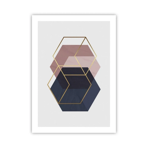 Plakat - Złote geometryczne kształty na tle w odcieniach granatu i różu - 50x70cm - Siła prostoty - Nowoczesna dekoracja ścienna do salonu, kuchni i sypialni ARTTOR