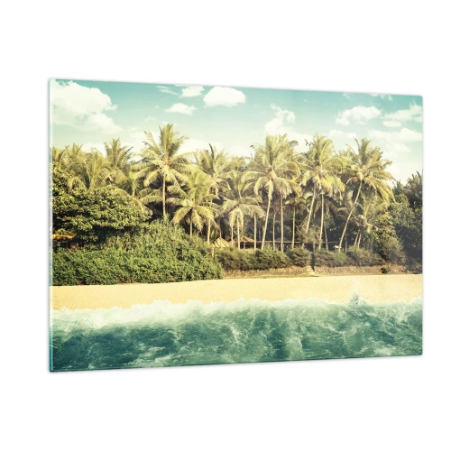 Obraz na szkle - Egzotyczna plaża z palmami i turkusowym morzem w słoneczny dzień - 120x80cm - A może tutaj? - Nowoczesna dekoracja ścienna do salonu, kuchni i sypialni ARTTOR