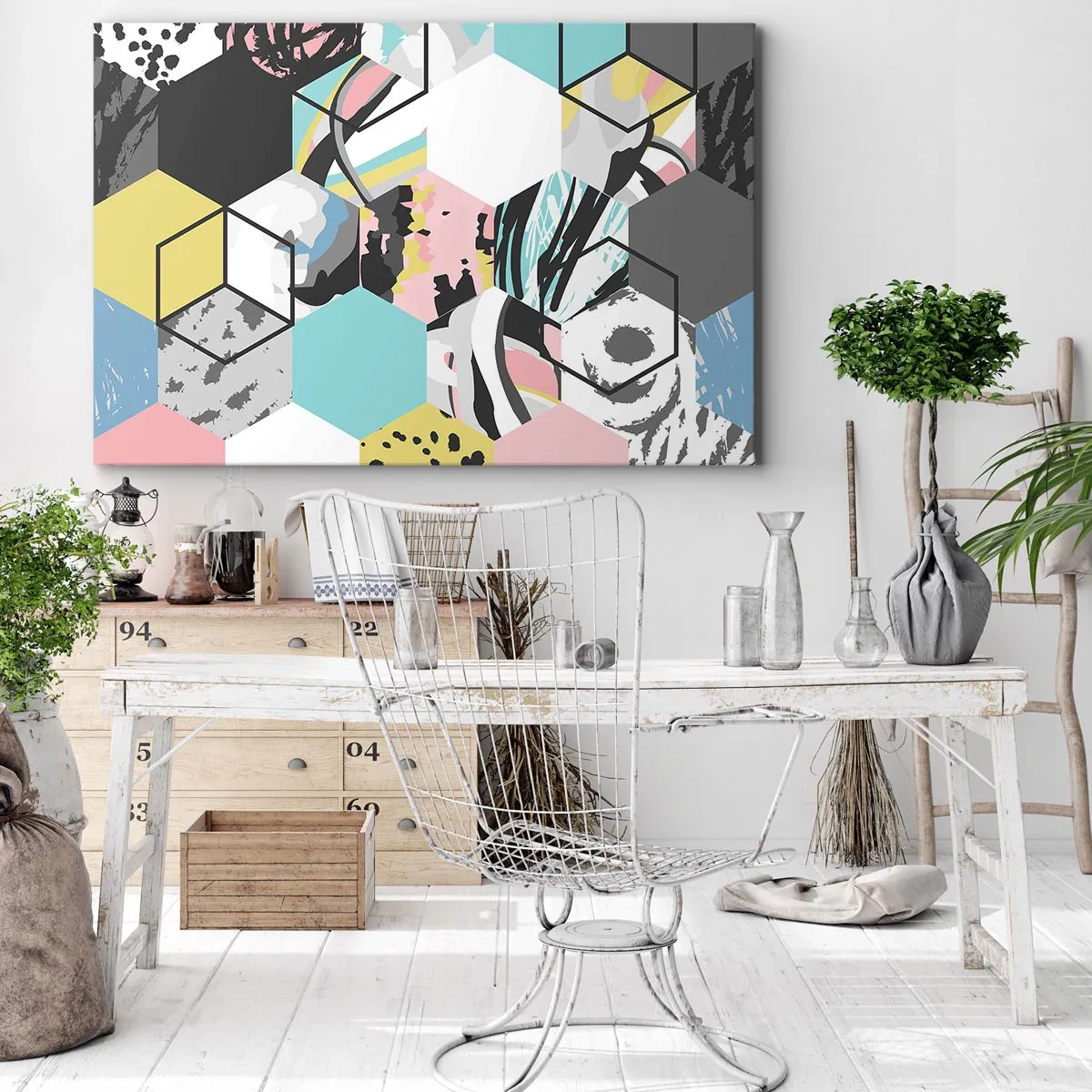 Obraz na płótnie - Geometryczny wzór heksagonów z kolorowymi abstrakcyjnymi detalami - 120x80cm - Sześciokąty i sześciany w sześciu barwach - Nowoczesna dekoracja ścienna do salonu, kuchni i sypialni ARTTOR