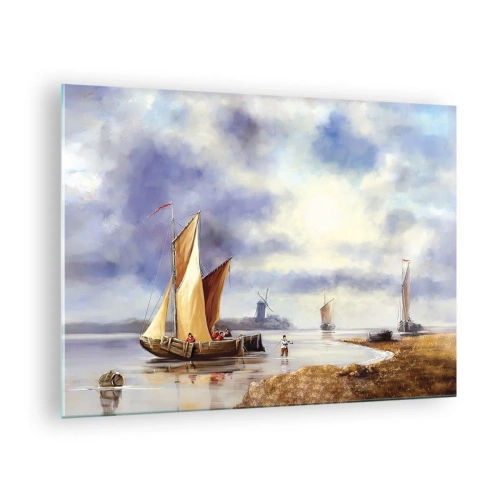 Obraz na szkle - Żaglówki na spokojnym jeziorze z wiatrakami w tle - 70x50cm - Powrót żeglarzy - Nowoczesna dekoracja ścienna do salonu i sypialni ARTTOR