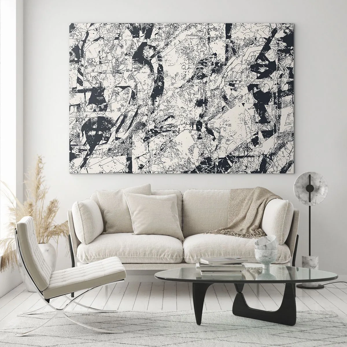 Obraz na szkle - Czarno-biała abstrakcja z dynamicznymi liniami i teksturami - 70x50cm - Przenikanie przeciwieństw - Nowoczesna dekoracja ścienna do salonu i sypialni ARTTOR