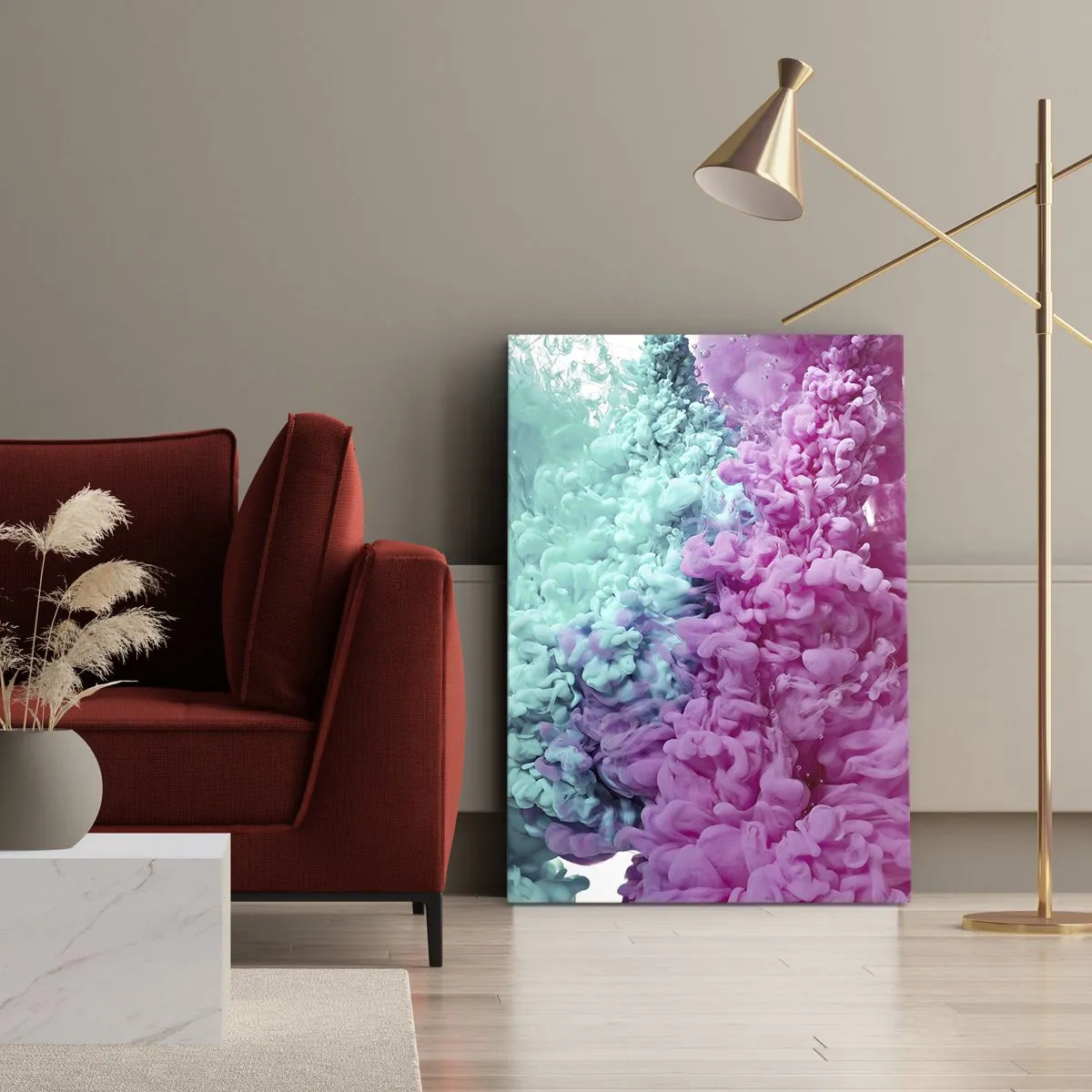 Obraz na płótnie - Rozmyte farby w intensywnych odcieniach niebieskiego i różowego, tworzące efekt eksplozji - 50x70cm - Decydujące starcie - Nowoczesna dekoracja ścienna do salonu, kuchni i sypialni ARTTOR