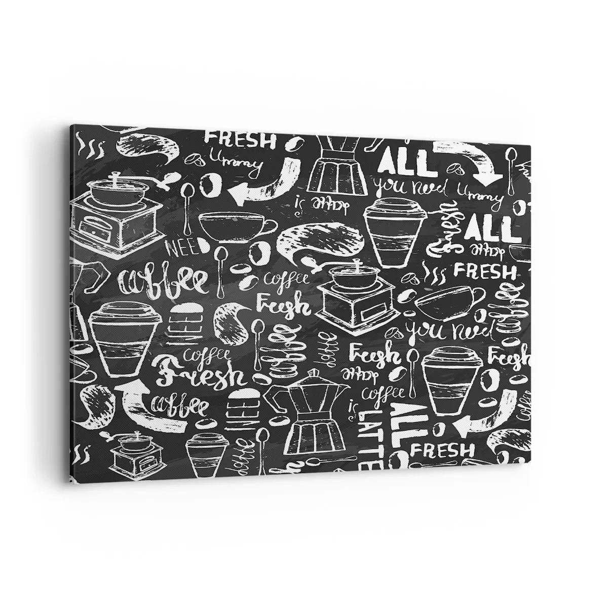 Obraz na płótnie - Stylowa grafika kawowa na czarnym tle - 100x70cm - All you need is… - Nowoczesna dekoracja ścienna do salonu, kuchni i sypialni ARTTOR