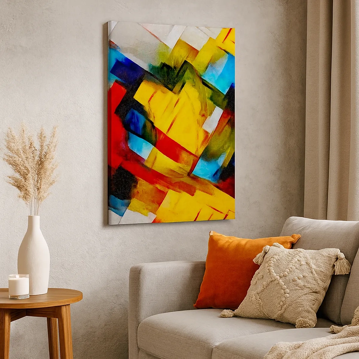 Obraz na płótnie - Kolorowa abstrakcja z geometrycznymi kształtami - 50x70cm - Różnobarwny przekładaniec - Nowoczesna dekoracja ścienna do salonu, kuchni i sypialni ARTTOR