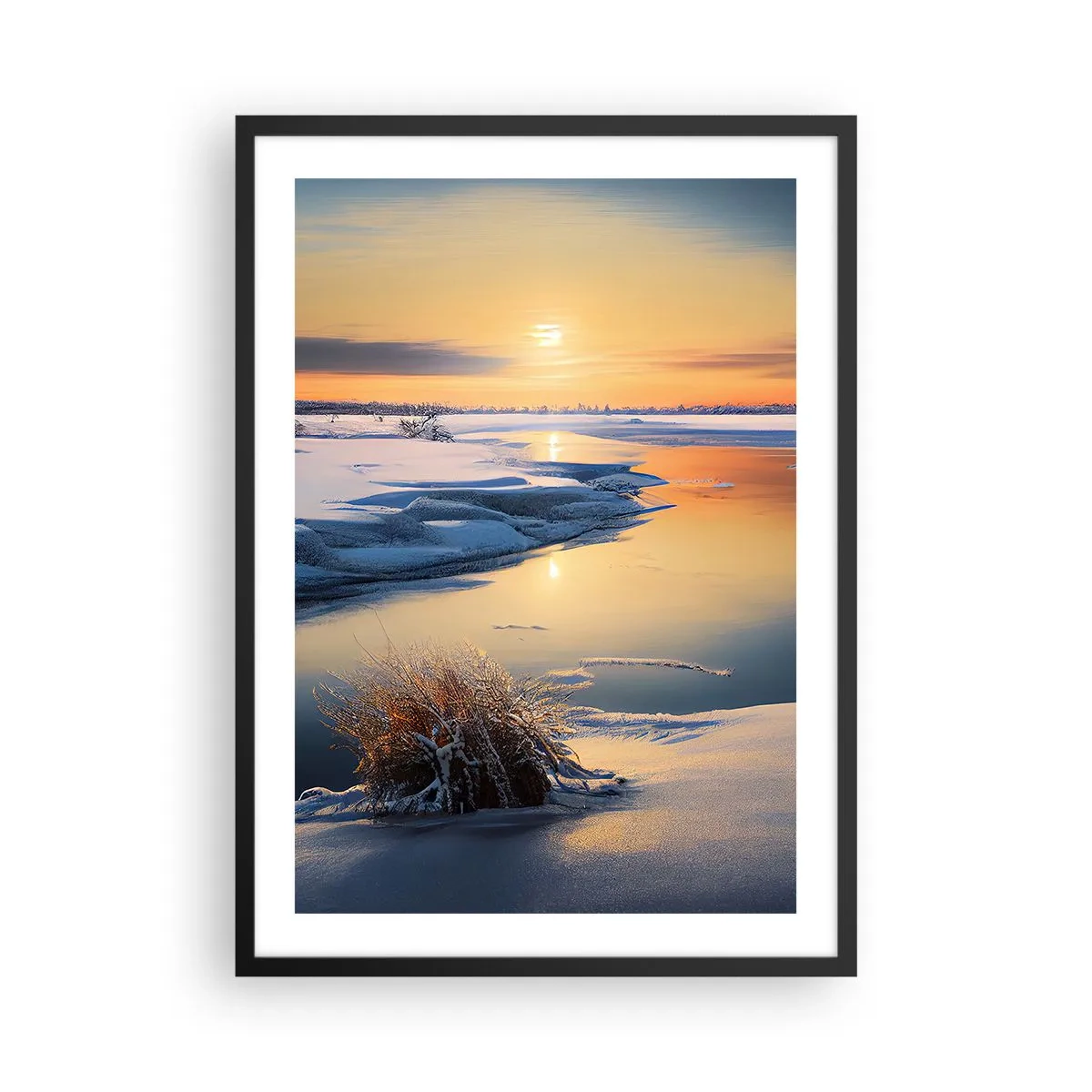 Plakat w czarnej ramie - Zimowy pejzaż z rzeką o zachodzie słońca - 50x70cm - Zimowy zachód słońca - Nowoczesna dekoracja ścienna do salonu i sypialni ARTTOR