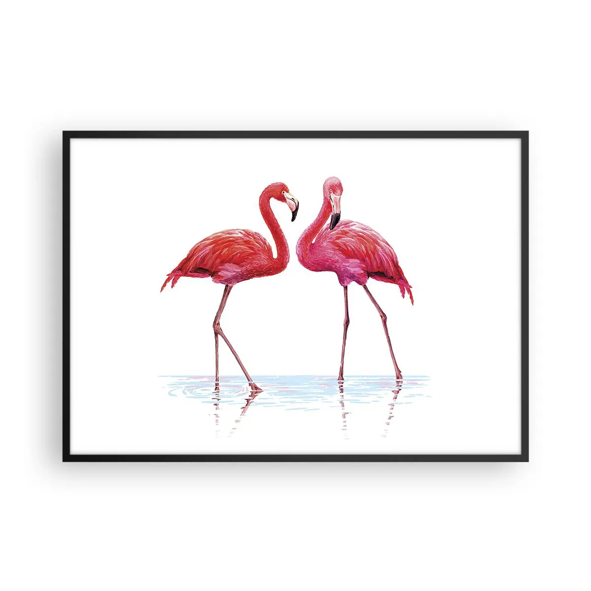 Plakat w czarnej ramie - Para flamingów w wodzie na jasnym tle - 100x70cm - Różowe randez-vous - Nowoczesna dekoracja ścienna do salonu i sypialni ARTTOR