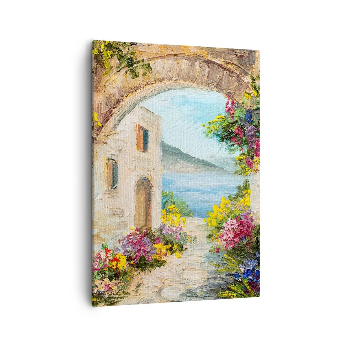 Obraz na płótnie - Malownicza kamienna brama z widokiem na morze i kwiaty - 50x70cm - Urok nadmorskiej prowincji - Nowoczesna dekoracja ścienna do salonu, kuchni i sypialni ARTTOR