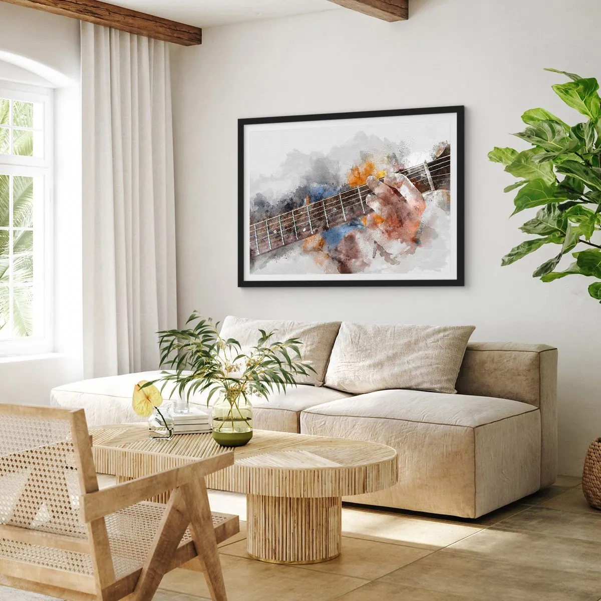 Plakat w czarnej ramie - Abstrakcyjny obraz ręki grającej na gitarze - 70x50cm - Poezja między strunami - Nowoczesna dekoracja ścienna do salonu i sypialni ARTTOR