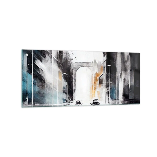 Obraz na szkle - Abstrakcyjna panorama miasta z łukowym mostem - 120x50cm - Studium miasta: architektura i ruch - Nowoczesna dekoracja ścienna do salonu i sypialni ARTTOR