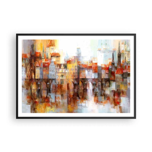 Plakat w czarnej ramie - Malownicza panorama miasta z mostem w jesiennych barwach - 100x70cm - Pod mostem też pięknie - Nowoczesna dekoracja ścienna do salonu i sypialni ARTTOR