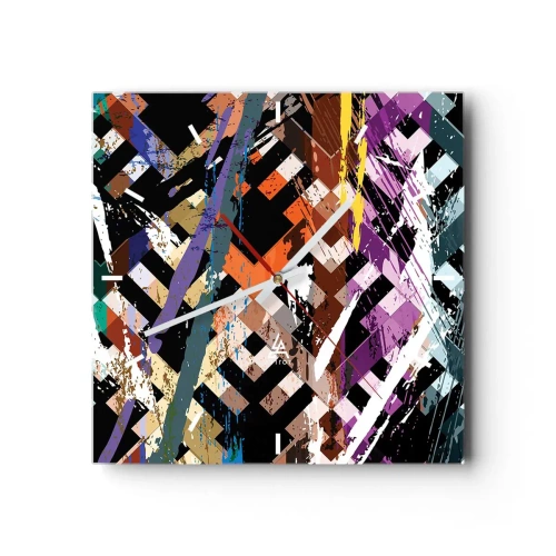 Zegar ścienny - Abstrakcyjna kompozycja z kolorowymi liniami na czarnym tle - 30x30cm - Podniesione do kwadratu - Nowoczesna dekoracja ścienna do salonu i sypialni ARTTOR