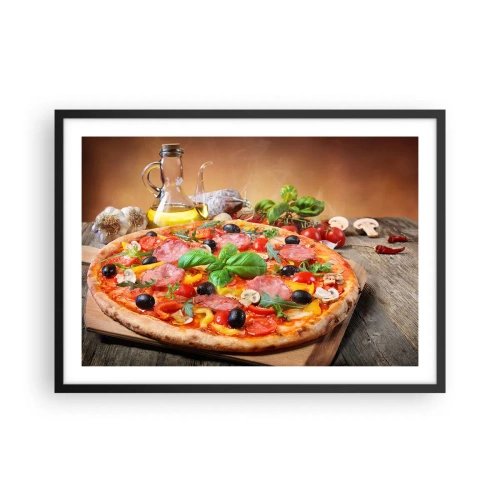 Plakat w czarnej ramie - Apetyczna pizza na drewnianym stole z dodatkami - 70x50cm - Z prawdziwie włoskim smakiem - Nowoczesna dekoracja ścienna do salonu i sypialni ARTTOR