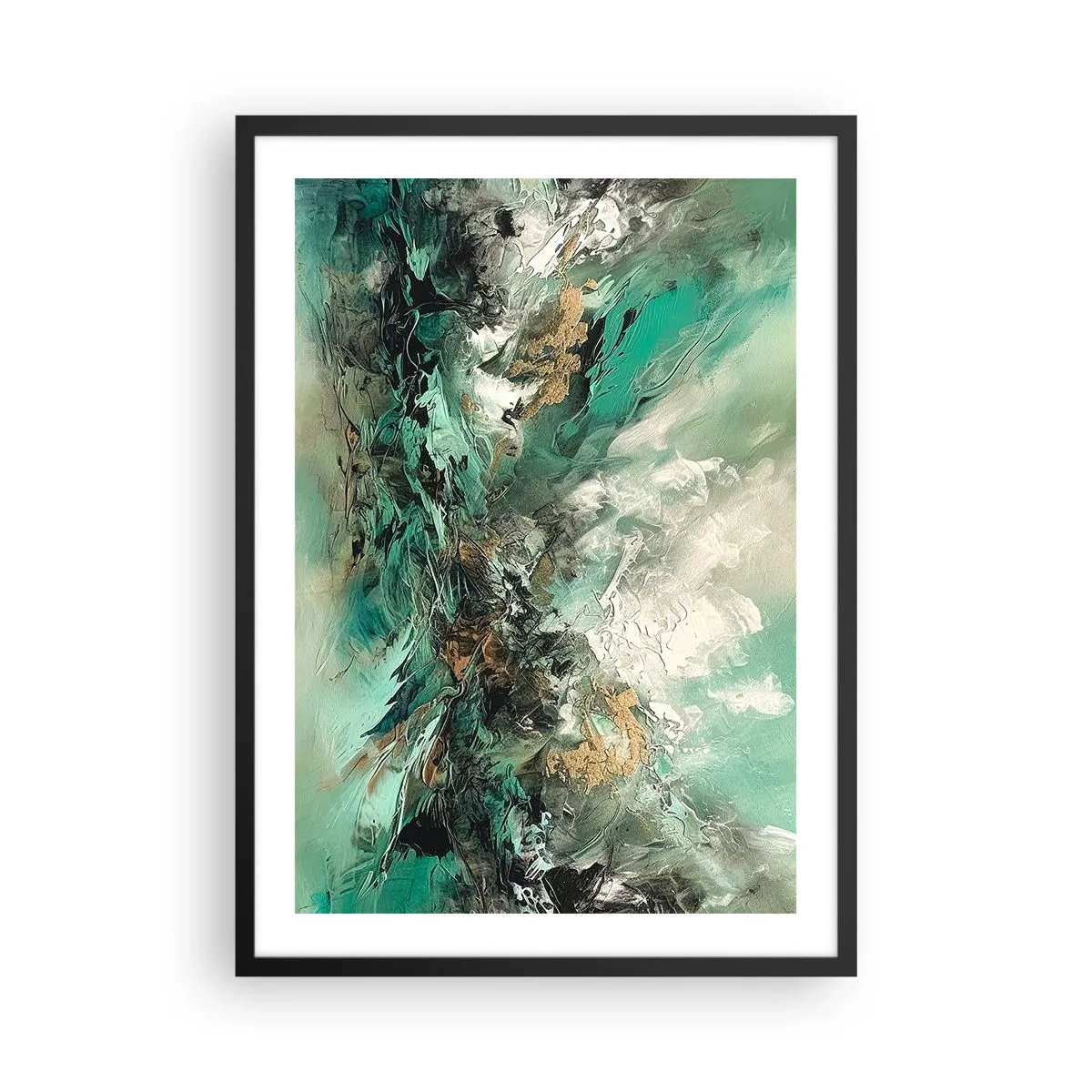 Plakat w czarnej ramie - Abstrakcyjna kompozycja w odcieniach zieleni i złota - 50x70cm - Szmaragdowo-czarna kipiel - Nowoczesna dekoracja ścienna do salonu i sypialni ARTTOR