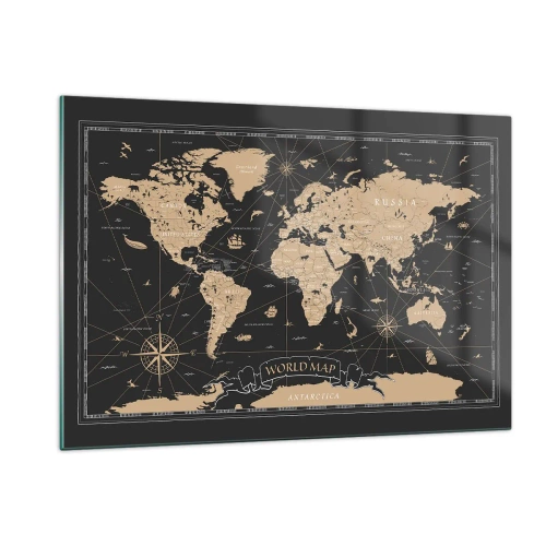 Obraz na szkle - Stylizowana mapa świata w odcieniach beżu i czerni - 120x80cm - Granice mojego świata - Nowoczesna dekoracja ścienna do salonu, kuchni i sypialni ARTTOR
