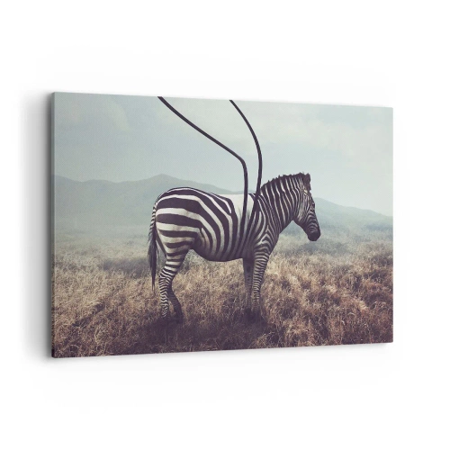 Obraz na płótnie - Surrealistyczna zebra na tle trawiastego krajobrazu - 120x80cm - Uwaga! Usterka - Nowoczesna dekoracja ścienna do salonu, kuchni i sypialni ARTTOR