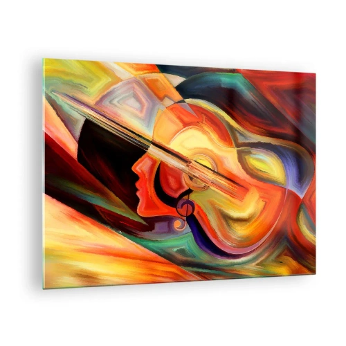 Obraz na szkle - Abstrakcyjny portret z gitarą w tle i nutami - 70x50cm - Wszystko gra - Nowoczesna dekoracja ścienna do salonu i sypialni ARTTOR