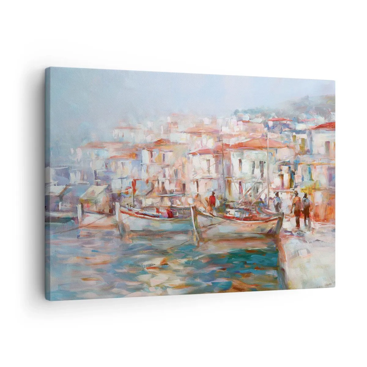 Obraz na płótnie - Impresja portowa z łodziami i budynkami - 70x50cm - Pastelowe wakacje - Nowoczesna dekoracja ścienna do salonu i sypialni ARTTOR