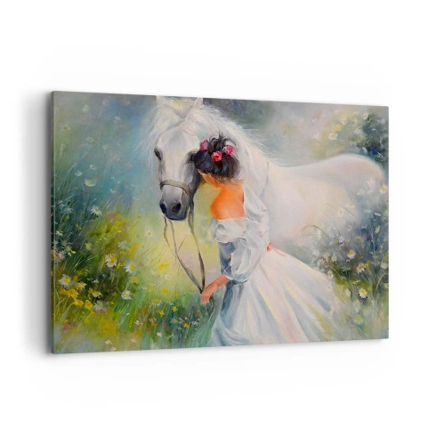 Obraz na płótnie - Kobieta z białym koniem w malowniczej scenerii - 100x70cm - Jak z pięknego snu - Nowoczesna dekoracja ścienna do salonu, kuchni i sypialni ARTTOR
