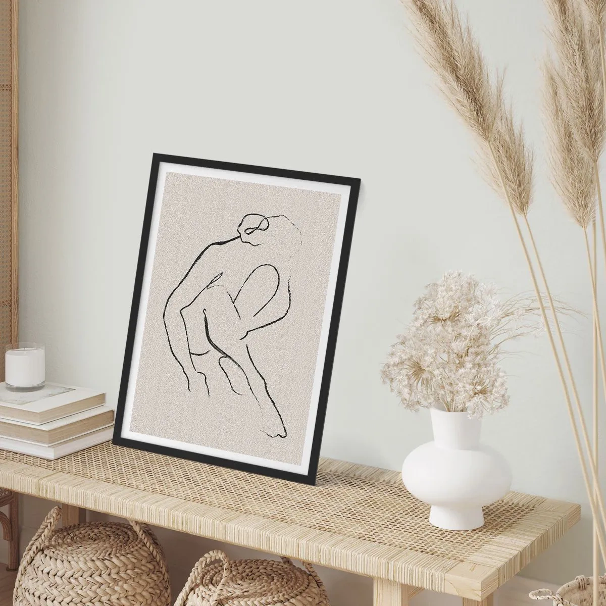 Plakat w czarnej ramie - Minimalistyczny szkic kobiecej sylwetki - 50x70cm - Szkic intymny - Nowoczesna dekoracja ścienna do salonu i sypialni ARTTOR