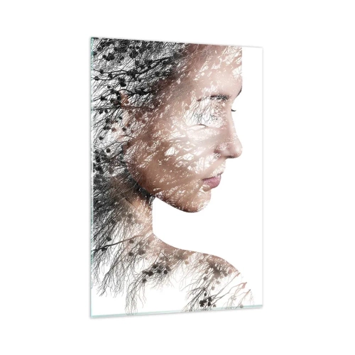 Obraz na szkle - Sylwetka kobiety z motywem gałęzi i ptaka w tle - 80x120cm - Duch lasu - Nowoczesna dekoracja ścienna do salonu i sypialni ARTTOR