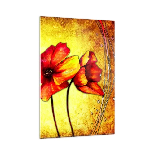 Obraz na szkle - Czerwone i żółte kwiaty na złotym tle z dekoracyjnymi wzorami - 80x120cm - W secesyjnej dekoracji - Nowoczesna dekoracja ścienna do salonu i sypialni ARTTOR