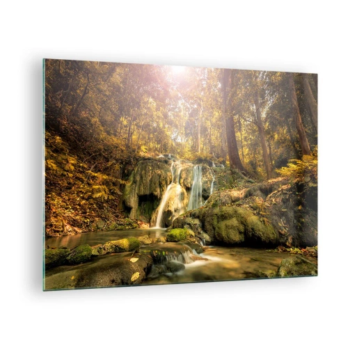 Obraz na szkle - Leśna kaskada w zieleni - 70x50cm - Leśna kaskada w zieleni - Nowoczesna dekoracja ścienna do salonu i sypialni ARTTOR