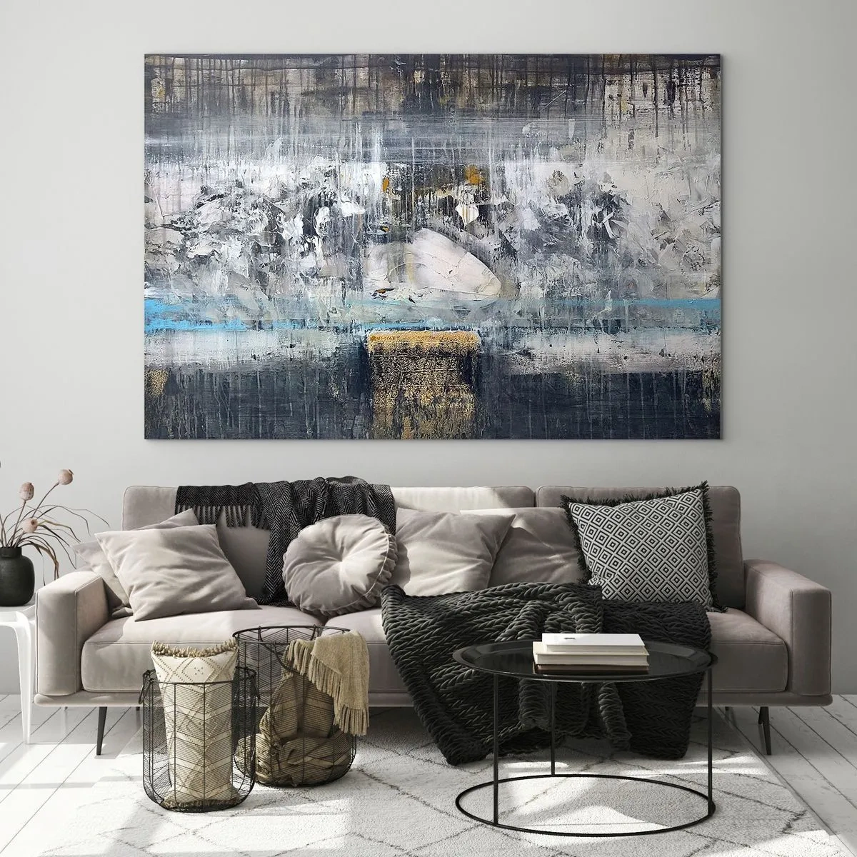 Obraz na szkle - Abstrakcyjny krajobraz z dominacją szarości i błękitu - 70x50cm - Jak po lodzie, jak po grudzie - Nowoczesna dekoracja ścienna do salonu i sypialni ARTTOR