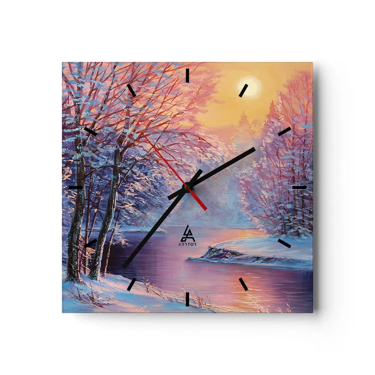 Zegar ścienny - Zimowy krajobraz z rzeką i drzewami o wschodzie słońca - 30x30cm - Barwy zimy - Nowoczesna dekoracja ścienna do salonu i sypialni ARTTOR
