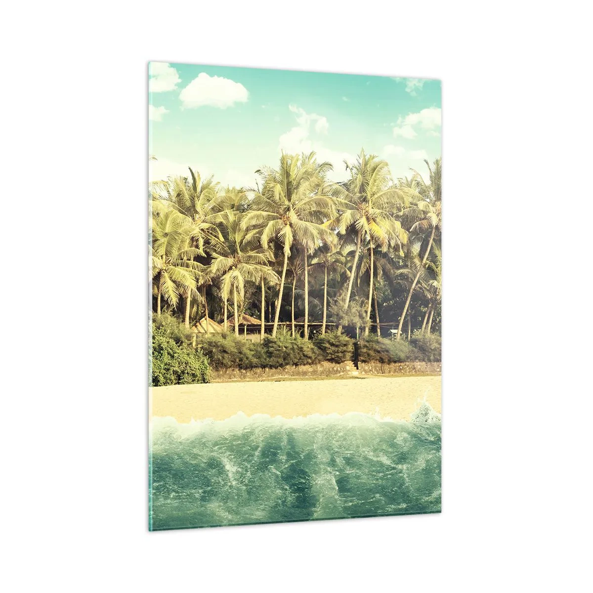 Obraz na szkle - Egzotyczna plaża z palmami i turkusowym morzem w słoneczny dzień - 50x70cm - A może tutaj? - Nowoczesna dekoracja ścienna do salonu, kuchni i sypialni ARTTOR