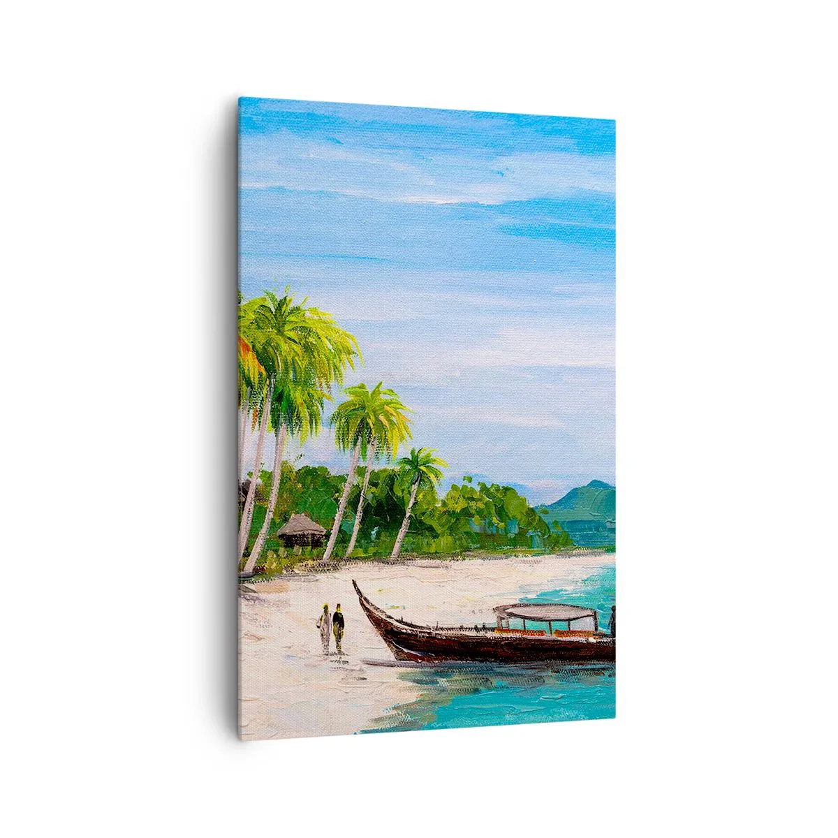 Obraz na płótnie - Egzotyczna plaża z palmami i łodzią przy brzegu - 80x120cm - Egzotyczny sen - Nowoczesna dekoracja ścienna do salonu i sypialni ARTTOR