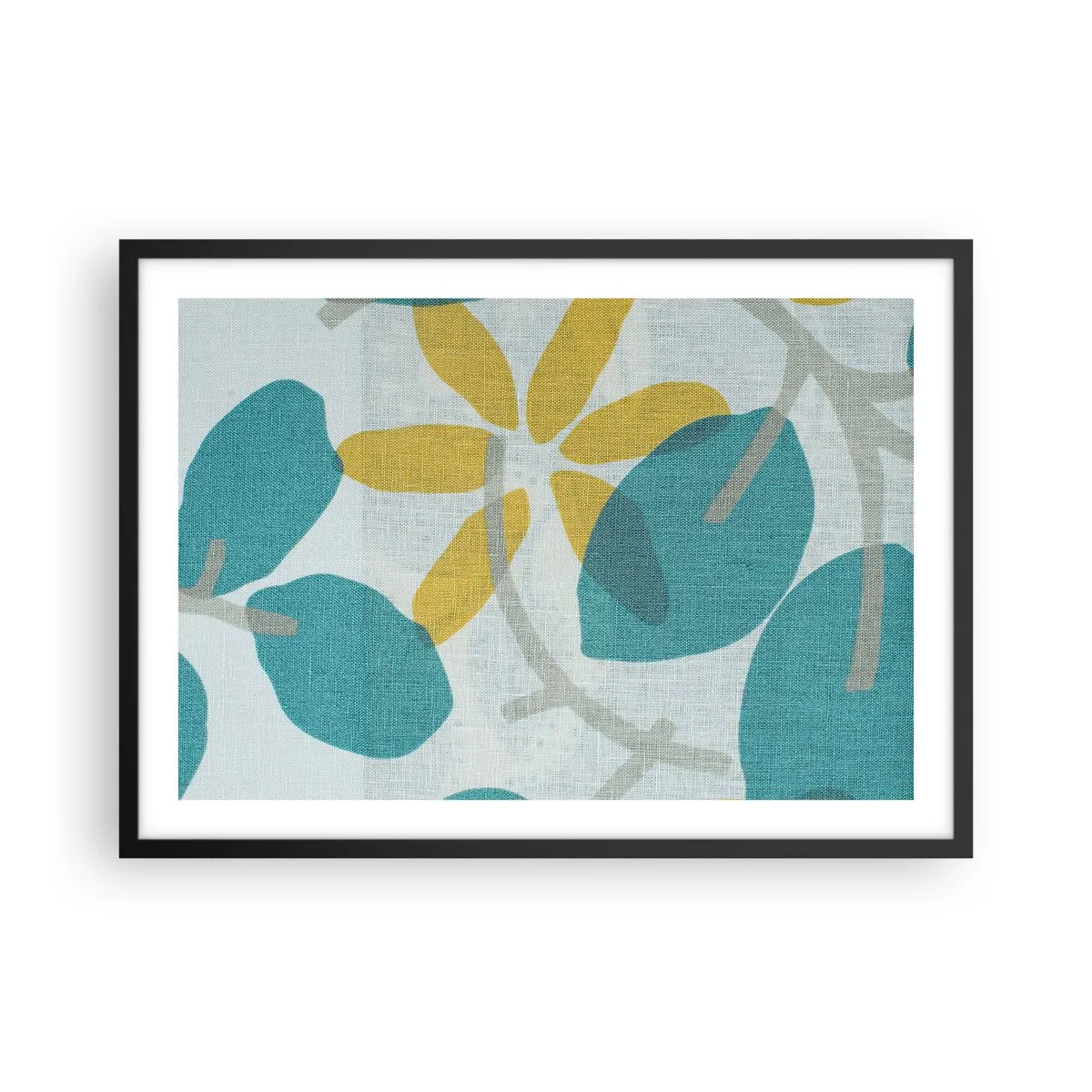 Plakat w czarnej ramie - Liście w odcieniach turkusu i żółci na jasnym tle - 70x50cm - Wśród lazurowych liści - Nowoczesna dekoracja ścienna do salonu i sypialni ARTTOR