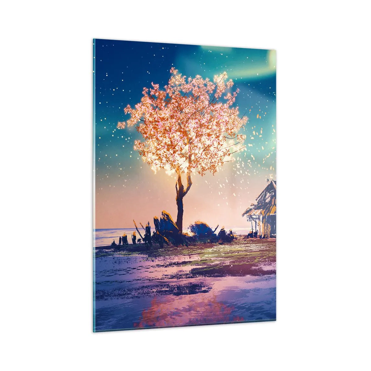 Obraz na szkle - Magiczny krajobraz z kwitnącym drzewem i chatą - 50x70cm - Natura nie przemija - Nowoczesna dekoracja ścienna do salonu, kuchni i sypialni ARTTOR