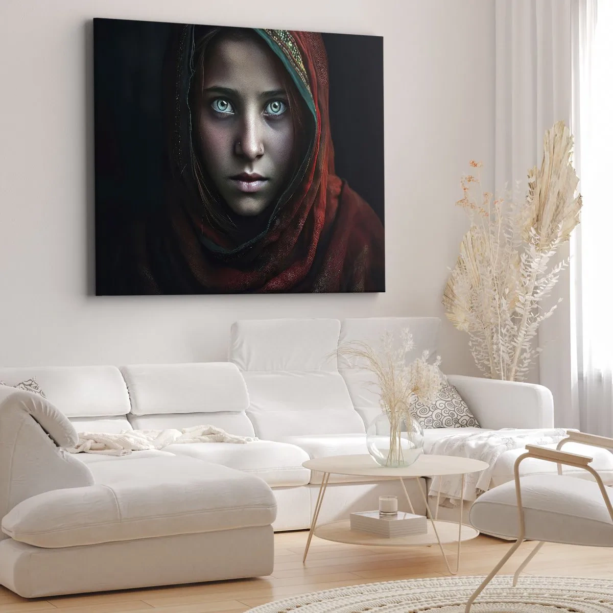 Obraz na płótnie - Portret kobiety z intensywnym spojrzeniem w ciepłych barwach - 70x50cm - Wschodnia księżniczka - Nowoczesna dekoracja ścienna do salonu i sypialni ARTTOR
