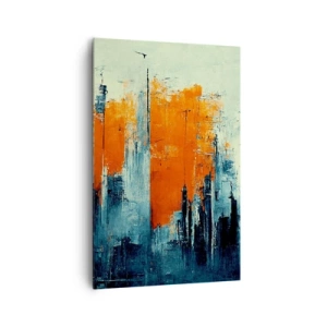 Obraz na płótnie - Abstrakcyjny pejzaż miejski w odcieniach pomarańczu i błękitu - 80x120cm - Pejzaż nowoczesny - Nowoczesna dekoracja ścienna do salonu i sypialni ARTTOR
