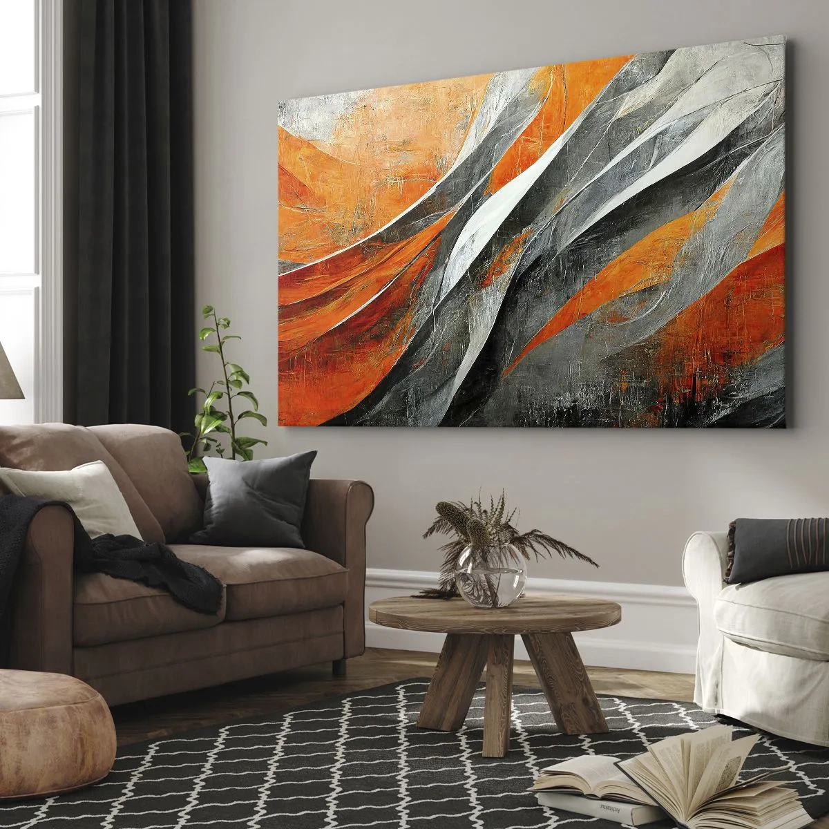 Obraz na płótnie - Abstrakcyjne linie w odcieniach pomarańczu i szarości - 70x50cm - Żar i chłód - Nowoczesna dekoracja ścienna do salonu i sypialni ARTTOR