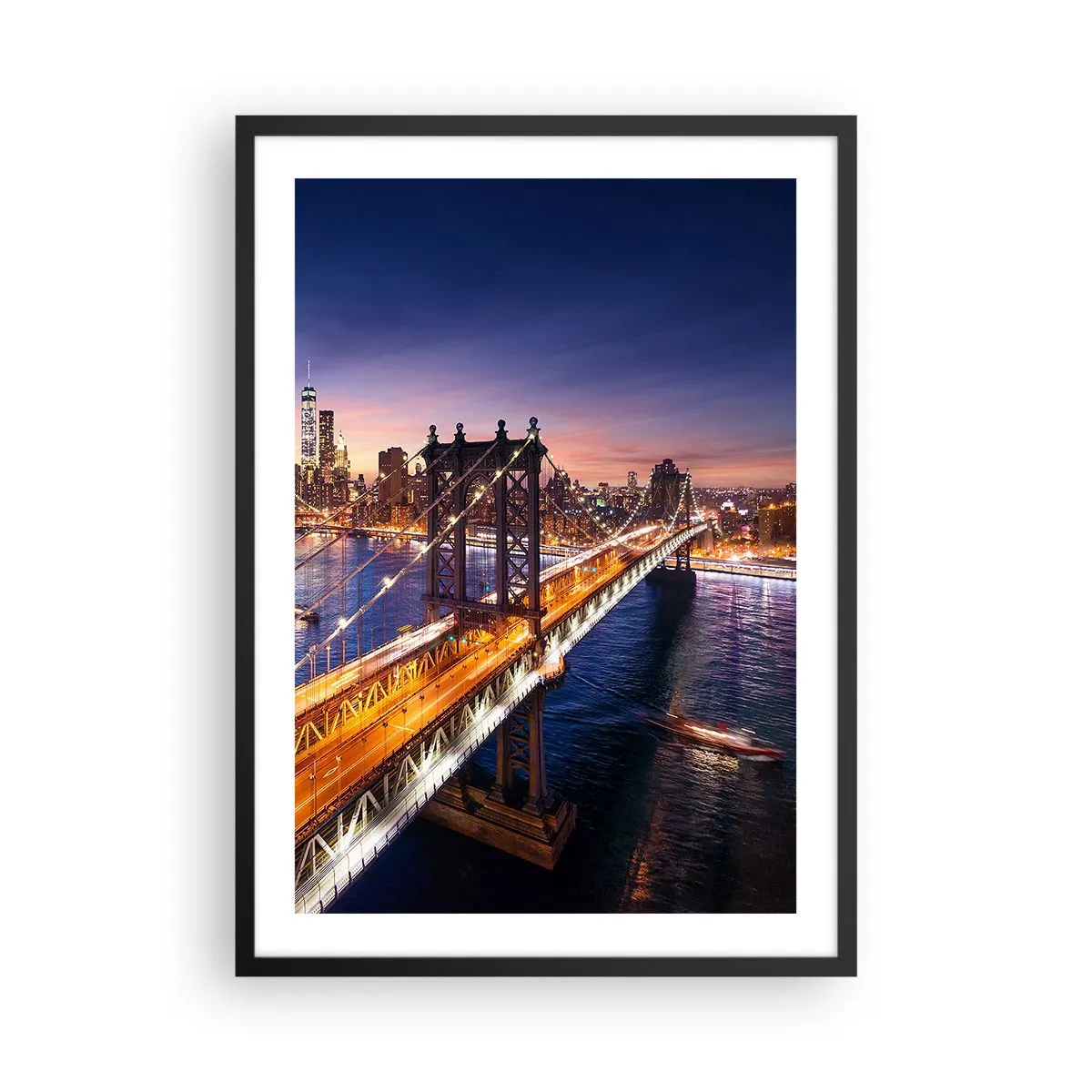 Plakat w czarnej ramie - Most w Nowym Jorku nocą z widokiem na miasto - 50x70cm - Świetlistym mostem do serca miasta - Nowoczesna dekoracja ścienna do salonu i sypialni ARTTOR