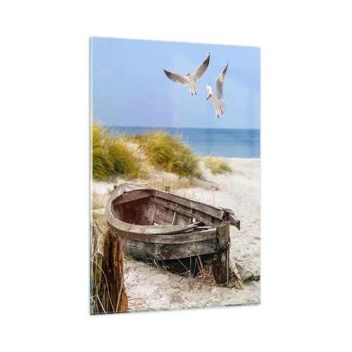 Obraz na szkle - Porzucona łódka na plaży z mewami - 80x120cm - Skąpane wiatrem - Nowoczesna dekoracja ścienna do salonu i sypialni ARTTOR