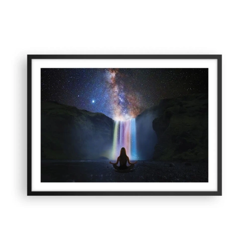 Plakat w czarnej ramie - Medytacja przed wodospadem wśród gwiazd - 70x50cm - Absolutna harmonia - Nowoczesna dekoracja ścienna do salonu i sypialni ARTTOR