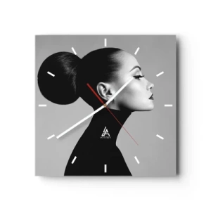 Zegar ścienny - Profil kobiety w czerni i bieli z eleganckim kokiem - 30x30cm - Współczesna Nefretete - Nowoczesna dekoracja ścienna do salonu i sypialni ARTTOR