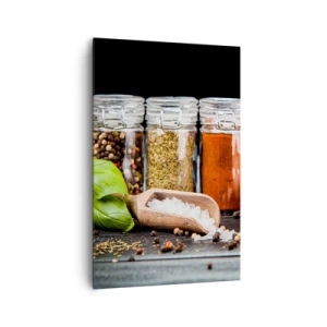 Obraz na płótnie - Zioła i przyprawy w szklanych słoikach na ciemnym tle - 80x120cm - Żeby życie miało smak - Nowoczesna dekoracja ścienna do salonu i sypialni ARTTOR