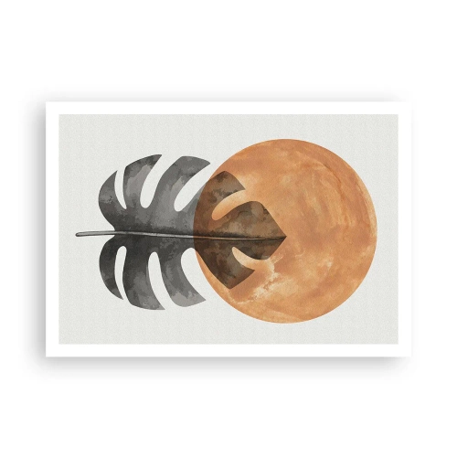 Plakat - Liść monstery i złote koło na jasnym tle - 100x70cm - Zawsze słońce - Nowoczesna dekoracja ścienna do salonu i sypialni ARTTOR