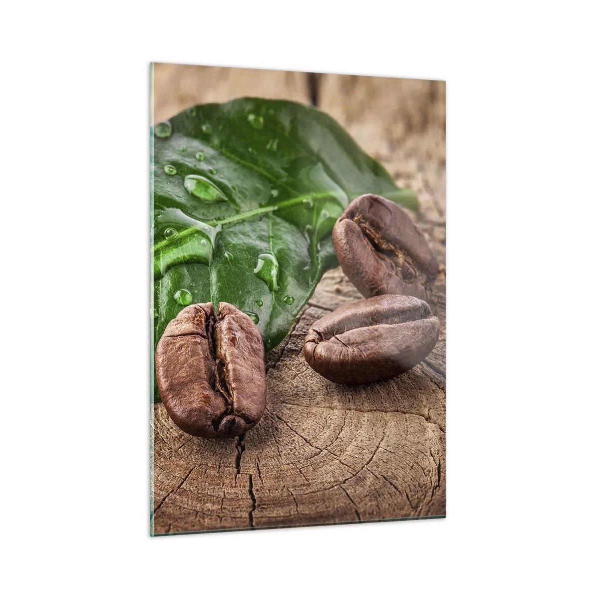 Obraz na szkle - Ziarna kawy na tle liścia i drewna - 50x70cm - Najprawdziwsza i czarna - Nowoczesna dekoracja ścienna do salonu, kuchni i sypialni ARTTOR