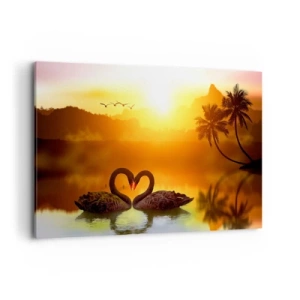 Obraz na płótnie - Dwa czarne łabędzie tworzące serce na tle zachodu słońca nad jeziorem - 120x80cm - Wszystko do pary - Nowoczesna dekoracja ścienna do salonu, kuchni i sypialni ARTTOR