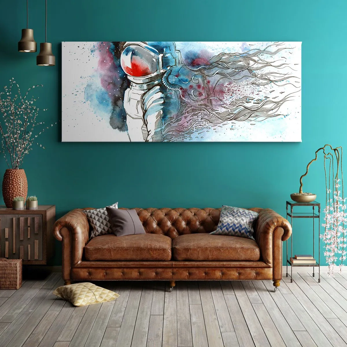 Obraz na płótnie - Kosmonauta w dynamicznej akwareli z kosmicznymi detalami - 120x50cm - Sam na sam z kosmosem - Nowoczesna dekoracja ścienna do salonu i sypialni ARTTOR
