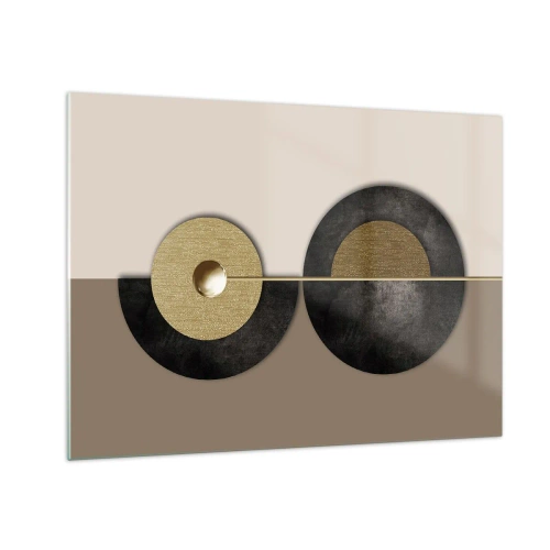 Obraz na szkle - Geometryczne koła w złocie i czerni na beżowym tle - 70x50cm - Wariacje wokół koła - Nowoczesna dekoracja ścienna do salonu i sypialni ARTTOR