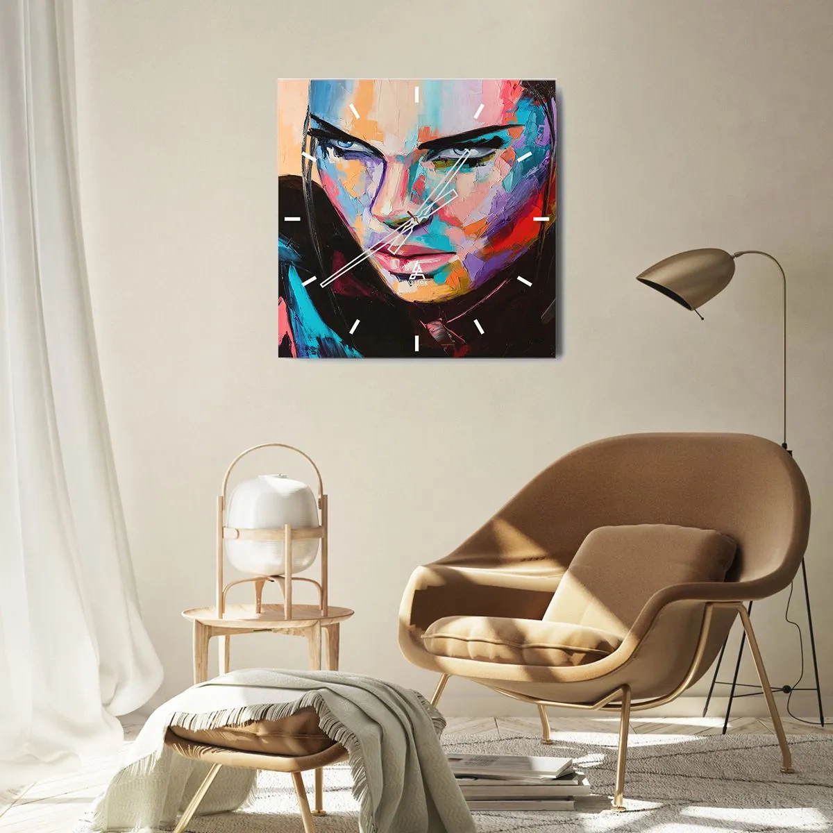 Zegar ścienny - Portret kobiety w wyrazistych kolorach abstrakcyjnych - 30x30cm - Dzikość serca - Nowoczesna dekoracja ścienna do salonu i sypialni ARTTOR